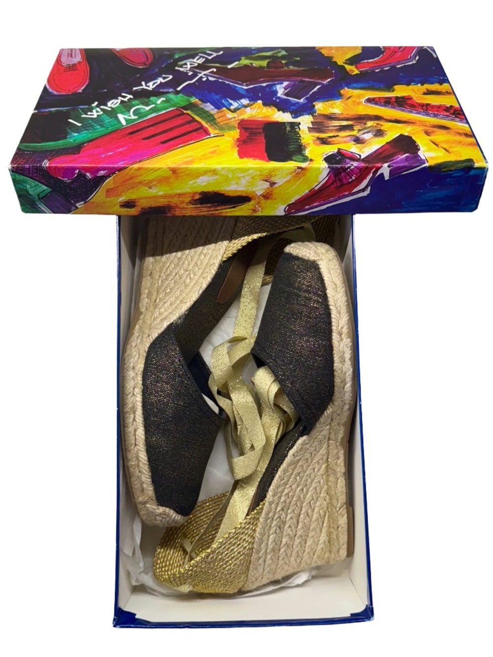 Andre Assous NWB Espadrille Canvas Black & Gold Metallic Tie Wedge Size 9 (39) - Picture 6 of 7